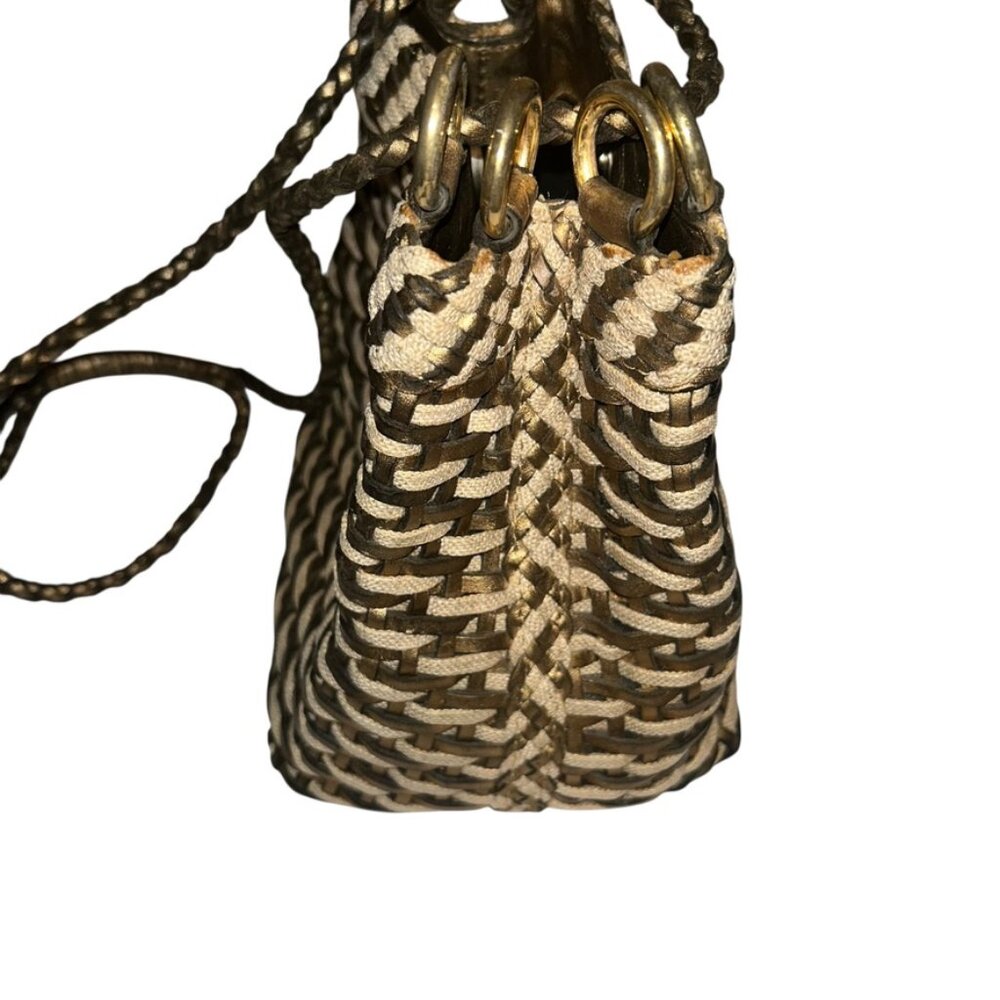 L.J.S. Vintage black gold woven leather basket cross body bucket bag